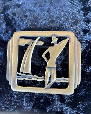 #ad JJ Jonette Art Deco Brooch. Sailing scene. vintage. gold tone. $45.00