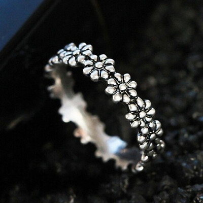 #ad Simple Black Silver Daisy Flower Ring Women Stackable Ring Party Jewelry Size6 9 C $1.49