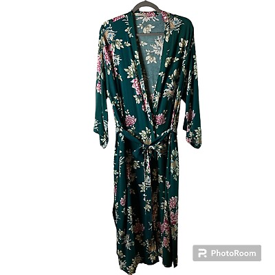 #ad Stillwater Green Floral Robe Womens Med Lg Romantic Sexy Front Tie Side Slits $13.50