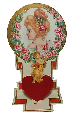 #ad Antique Stand Up Fold Out Die Cut Valentine Cupid Heart True Love $16.99