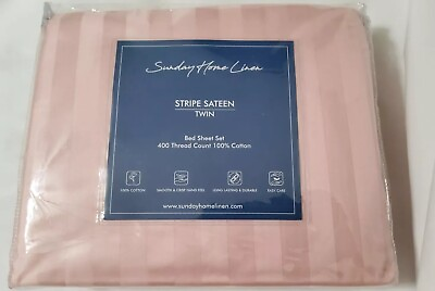 #ad Sunday Home Linen Pink Stripe Sateen 100% Cotton 400 Thread Count Twin Sheet Set $40.00