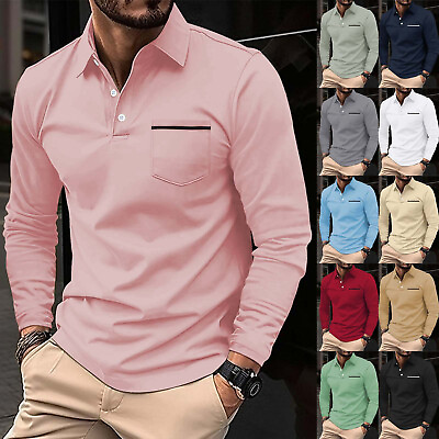 #ad Men#x27;s Casual Long Sleeve Stand Collar Polo Shirt Slim Fit Business with Pockets $23.03