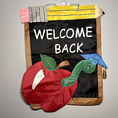 #ad Nylon Large Double Sided Garden Flag Welcome Back School Apple Pencil Cap Worm $24.99