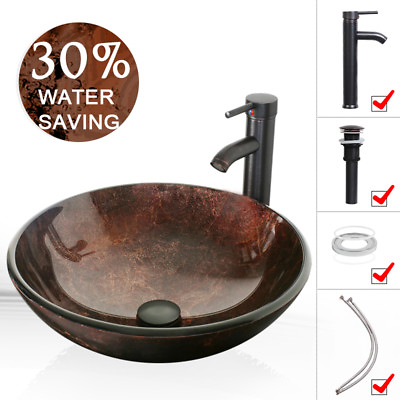 #ad 16.5quot; Round Tempered Glass Vessel Sink W Faucet Hand Made Pop Up Drain Combo $109.99