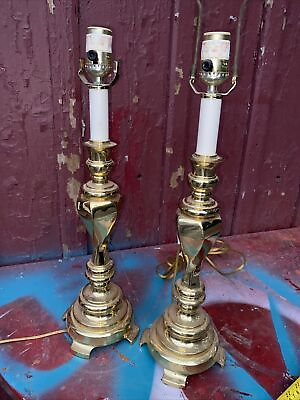 #ad Vintage Candlestick 29” Accent Table Lamps Brass Oriental Asian HEAVY PAIR $99.00