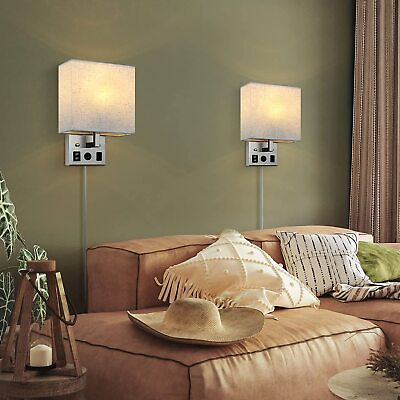 #ad Set of 2 Plug in Wall Lamp with USB Ports amp; AC Outlet Bulb Bedroom Wall Sconces $37.99