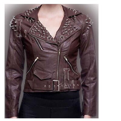 #ad Handmade Women Studded Brown Pure Leather Jacket Punk Style Jacket Sale $167.19