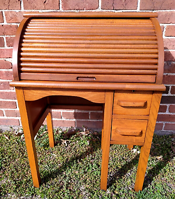 #ad 1940’s Child’s Solid Oak Wood Roll Top Desk 2ft Tall Writing Top 2 Drawers Cute $399.99