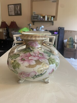 #ad Antique Hand Painted NIPPONFooted Squat Vase Hand Painted Pink Floral $39.99