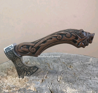 #ad Wooden handmade Fist ax Bear handmade with ornament on the blade Axe Replica $349.00