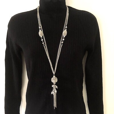 #ad Alur Silver Tone Multi Chain Long Necklace 30quot; Tassel Mesh Beads Crystal Cluster $10.90