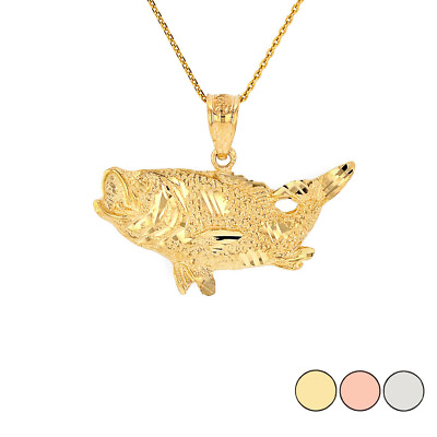 #ad Solid Gold Or 925 Silver Diamond Cut Big Game Fishing Bass Fish Pendant Necklace $289.99