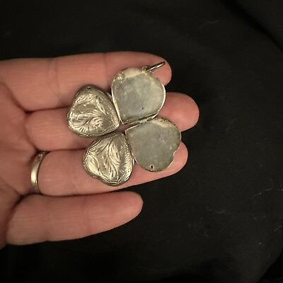 #ad VTG Etched Sterling Silver 925 Heart 4 Leaf Clover Folding Photo Locket Pendant $66.49