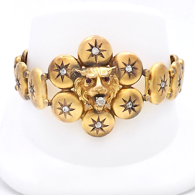 #ad Victorian Lion Head 10k Gold Bracelet Natural Mine Cut Diamonds Ruby Eyes 7in $1757.50