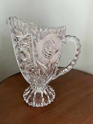 #ad Vintage Heavy Cut Glass Water Soda Pitcher Rare Rose Etching Excellent $50.00