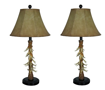#ad 2 Vintage Faux Resin Antler Hunt Cabin Taxidermy Theme Table Lamps 29quot; $210.00