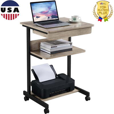 #ad Rolling Computer Desk Writing Table Waterproof W 2 Storage Shelves Drawer Gray $61.99
