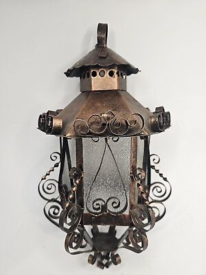 #ad Vtg Gothic Metal Hanging Candle Lantern Thick Glass Panels Spanish Revival $39.99