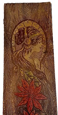 #ad 13quot; Folk Art Flemish Pyrography Woman Burnt Wood Desk Box Victorian Vtg Antique $120.00
