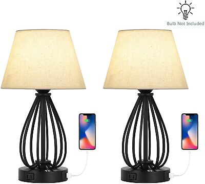 #ad Set of 2 Modern USB Table Desk Lamps w USB amp; AC Outlet Hollowed Out Base Bedroom $43.99