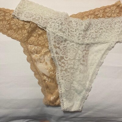 #ad 2 Sheer Lace Floral Thong Panties in White amp; Gold Tan Women#x27;s Size M L NWOT $9.60