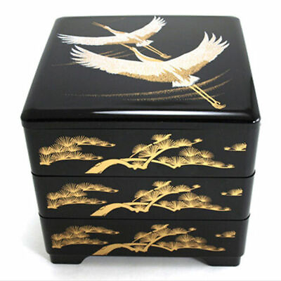 #ad Japanese Stack Bento Box Lunch Container 3 Tiers Lacquered Cranes Made in Japan $36.10