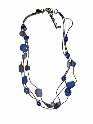 #ad Blue Glass and Stone Multi Strand Silver Tone Layered Adjustable Necklace $6.00