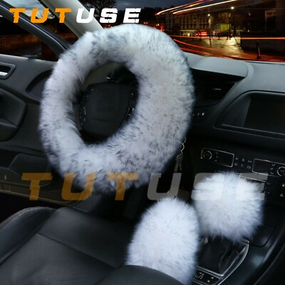 #ad 3Pcs Car Steering Wheel Cover Fur Wool Furry Fluffy Thick Black White Universal $6.99