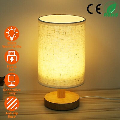 #ad Modern Small Bedside Table Lamp Wood Desk Light Fabric Lampshade for Nightstand $16.41