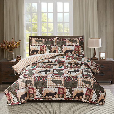 #ad Rustic Lodge Quilt Set King Size Country Cabin Bedspread Coverlet King Moose $55.41