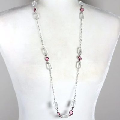 #ad Vintage Sterling Silver 925 Long Pink Clear Crystal Chain Link Rope Necklace $65.18