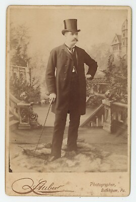 #ad Antique Circa 1880s Cabinet Card Dapper Man With Mustache Cane Hat Bethlehem PA $16.99