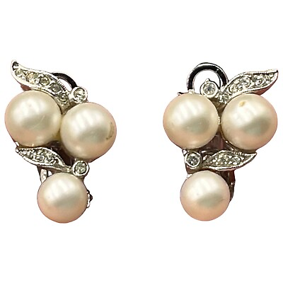 #ad Marvella VTG Clip On Rhinestone Faux Pearl Elegant Feminine Retro Earrings Rare $17.75