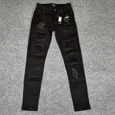 #ad Boohoo Man Jeans Mens 28 Black Skinny Distressed Denim Pants Adult $25.67