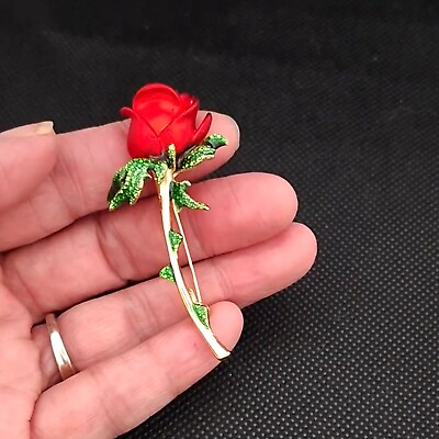#ad Elegant Red Rose Stem Rhinestone Luxury Brooch Pin Lapel Pin Microfiber Pouch $15.00