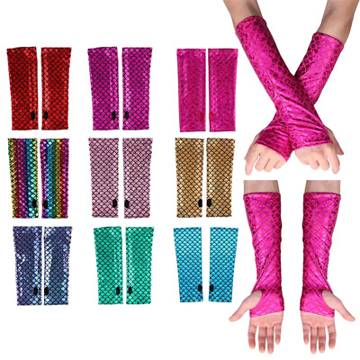 #ad Mermaid Fish Scale Fingerless Long Gloves Arm Sleeves Adult PartySupplies Gift $7.21
