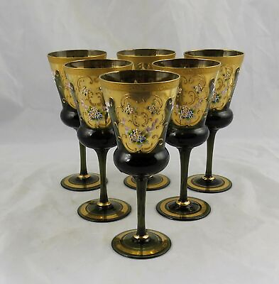 #ad 6 Murano Blown Venetian Tall Wine Glasses with Applied Flowers 7 3 4quot; $195.00