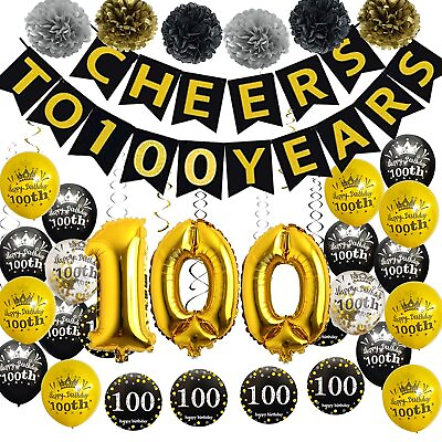 #ad 100Th Birthday Party Decorations Kit Gold Glittery Cheers To 100 Years Banner $34.99