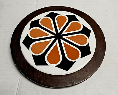 #ad Mid Century Kitchen Trivet Groovy Pattern Round Tile And Wood $14.79