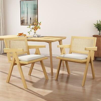 #ad Beige Rattan Dining Chairs Set of 2 Mid Century Chair with Armrest and Cane Back $176.56