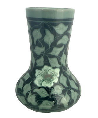#ad Korean Celadon Porcelain Signed Vase Lotus Leaves Flower Oriental Excellent $995.00