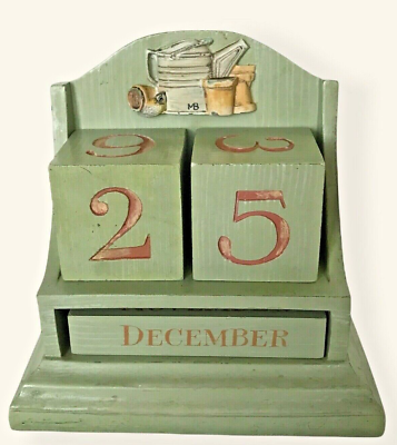 #ad Perpetual Calendar Blocks Month Date Light Green Garden Motif Vintage Heavy MC $27.50