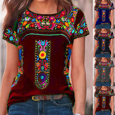 #ad Womens Boho Floral Short Sleeve Tops T Shirt Ladies Summer Casual Loose Blouse $15.99
