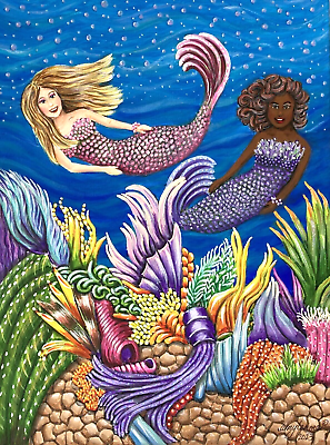 #ad Sea Mermaids Ocean Water Painting 9x12 Acrylic Colorful Folk Art amylenore $25.00