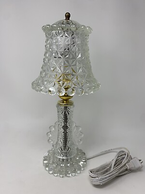 #ad Gorgeous Mid Century 14” Pressed Clear Glass Table Lamp with Shade Rare $79.99