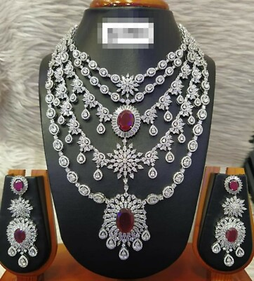 #ad Bollywood Style Silver Plated Indian CZ AD Bridal Long Ruby Necklace Earrings $288.99