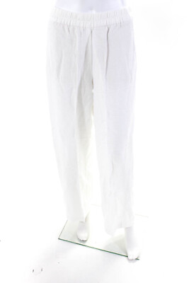 #ad Renaur Womens Linen Pleat Ruched Elastic Waist Straight Leg Pants White Size S $41.49