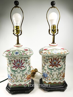 #ad #ad Vintage Pair of Floral Glazed Accent Chinoserie Table Lamp $419.97