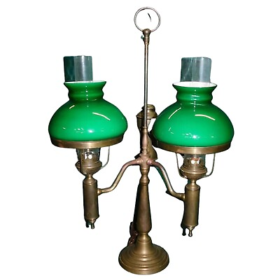 #ad #ad Antique Lamp Brass Student Lamp W Two Emerald Shades Lighting 28.25 Ins. $699.00