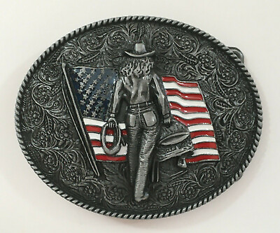 #ad Western Cowgirl Belt Buckle American West Cow Girl USA Flag $14.99